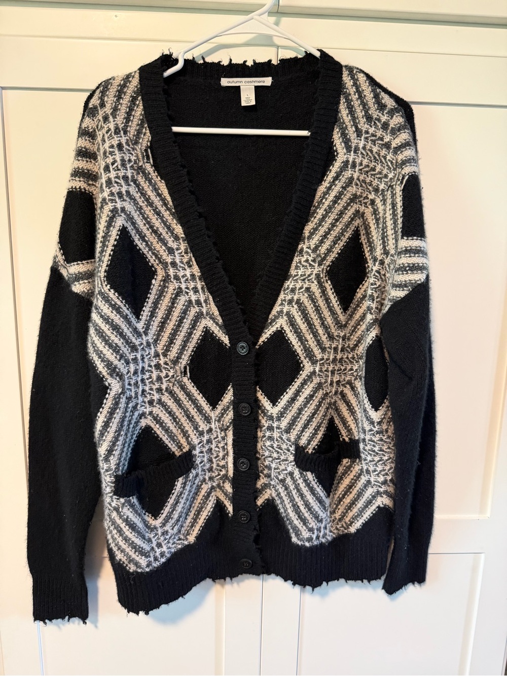 Autumn Cashmere Black and White Geometric Button-Front Cardigan